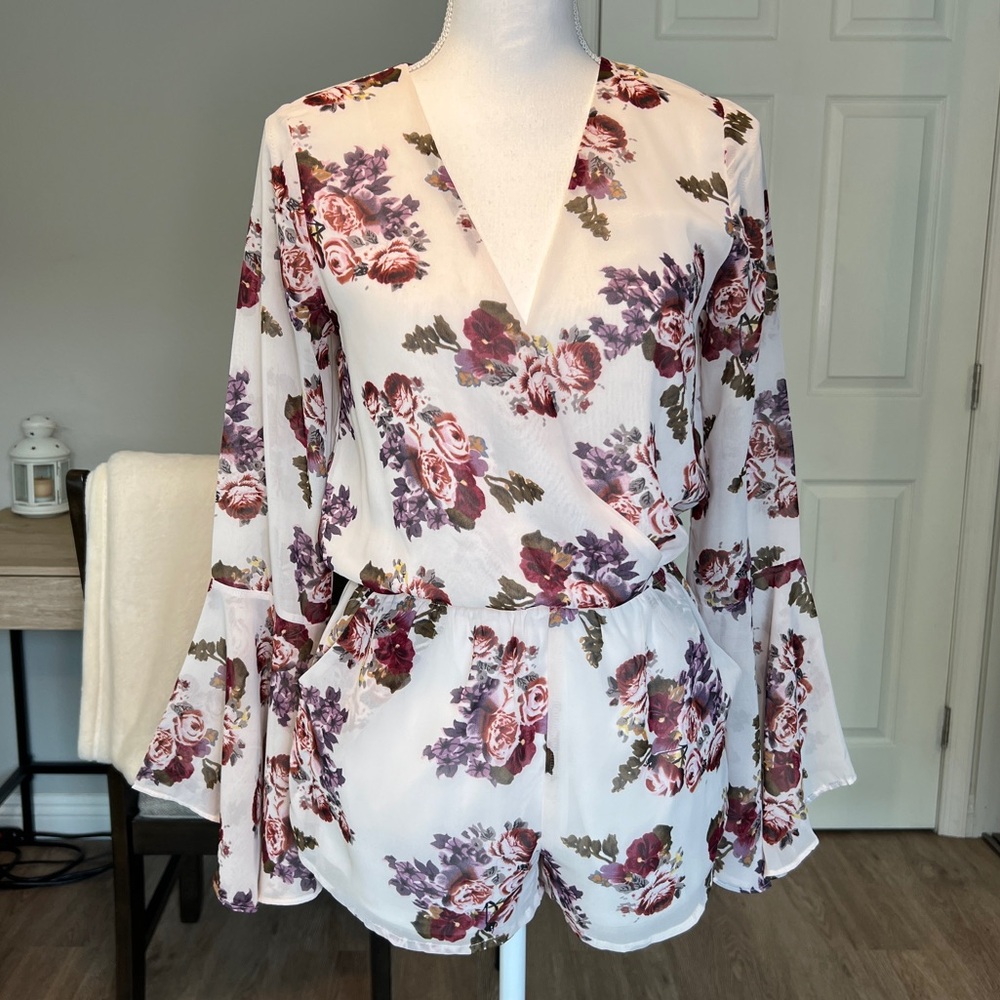 Cotton Candy Floral Long Sleeve Romper - Size S